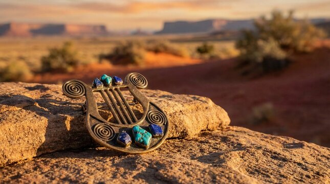 Desert Symphony: Ancient Bronze and Turquoise Brooch on Sandstone