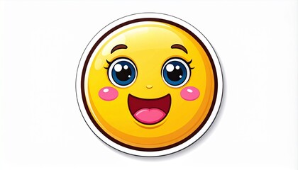 Fototapeta premium Close-up of a happy, smiling, cartoon-like emoji with big blue eyes and rosy cheeks, conveying joy and excitement
