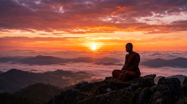A monk meditates atop a mountain during a vibrant sunrise, surrounded by clouds and rolling hills.