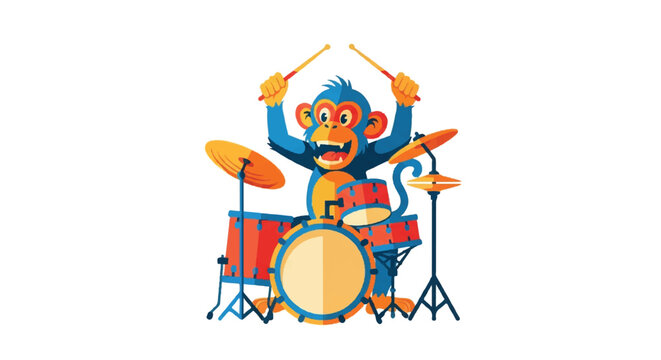 Cartoon monkey playing drums with colorful instruments on white background