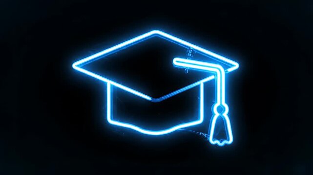 Blue neon graduation cap glowing on a dark background