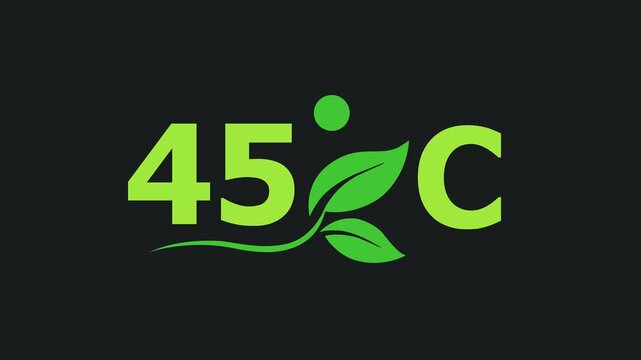 Green 45 Degrees Celsius Typography with Eco Leaves and Growth Elements on Dark Background for Environmental Temperature and Energy Concept