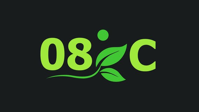 Green 8 Degrees Celsius Typography with Eco Leaves and Growth Elements on Dark Background for Environmental Temperature and Energy Concept