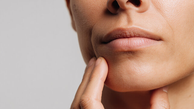Closeup of a womans face, touching her chin, showing fine lines and skin texture Concept of aging, skincare, and selfcare
