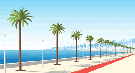 Obraz premium A serene flat design illustration capturing the famous Croisette promenade in Cannes, featuring palm trees, the Mediterranean Sea, and a hint of the city.