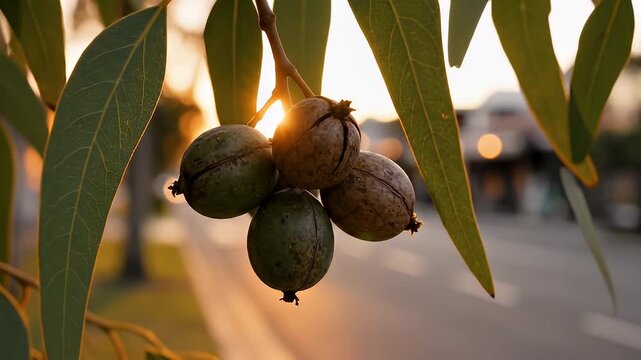Macadamia nuts on tree branch.