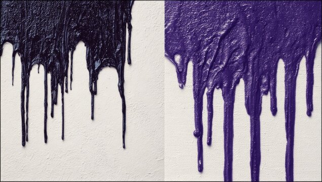 A split-screen artwork with two halves featuring thick, dripping paint in contrasting dark hues