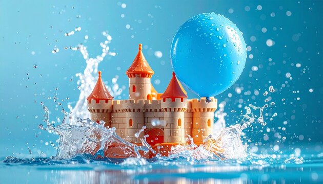 A vibrant castle with orange turrets splashes into the ocean with a giant blue ball.