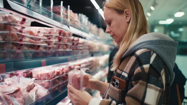 Concentrated blonde woman selecting vacuum sealed fresh meat from refrigerated aisle in grocery store. Careful product inspection, food quality, consumer choice and retail shopping concept.