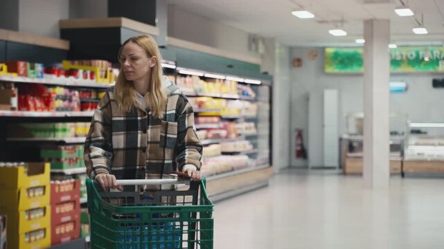 Blonde woman in casual plaid shirt pushing green shopping cart in brightly lit supermarket aisle and examining products in refrigerated section. Grocery shopping, retail lifestyle, consumer behavior.
