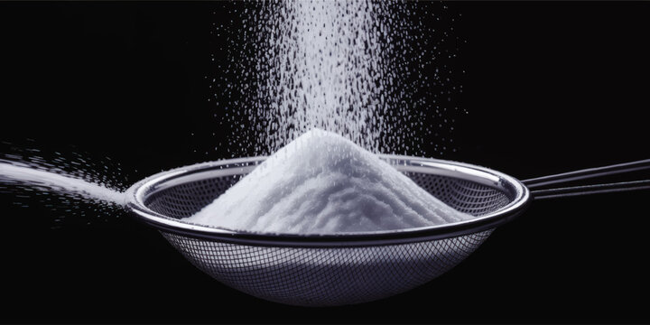 Fine powder falling into metal sieve on black background, dynamic cooking ingredient splash, food baking concept illustration