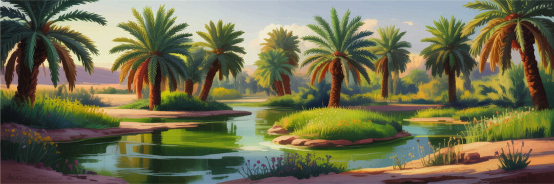 Tropical desert oasis landscape with palm trees and turquoise water, vibrant digital painting background for travel and nature design