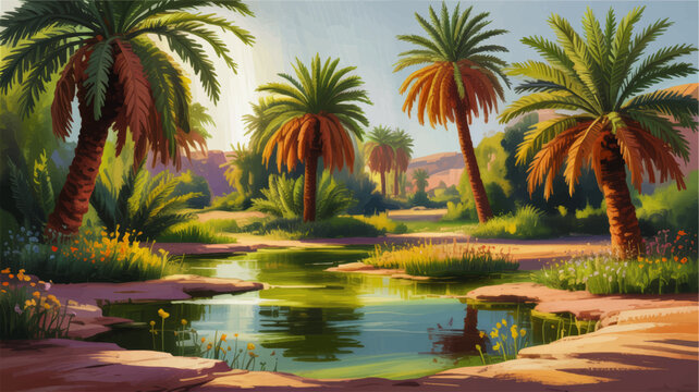 Serene desert oasis with palm trees and reflective water, vibrant tropical landscape illustration for travel, nature and summer design
