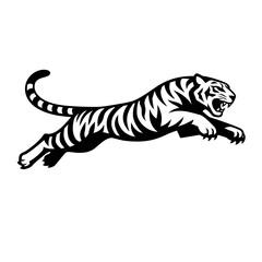 Fototapeta premium A black and white illustration of a tiger running with its mouth open and tail extended in a dynamic pose on a plain background.