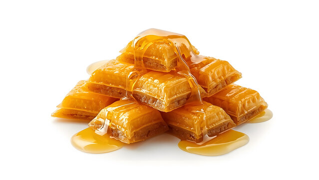 Golden Honeycomb Candy Pieces Dripping with Sweet Syrup on White Background