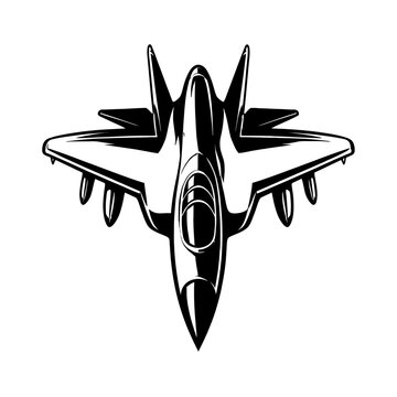 Black and white illustration of a modern fighter jet from above with missiles underneath the wings on a white background