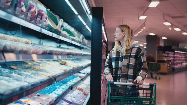 Blonde woman with shopping cart choosing fresh meat from refrigerated display in modern supermarket. Healthy food selection, grocery shopping, nutrition and consumer behavior concept.
