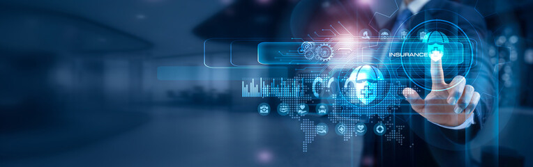 Fototapeta premium Insurance advisor touch Global INSURANCE policies and risk management network systems. Insurance solutions protect assets, provide coverage, financial security and client trust.
