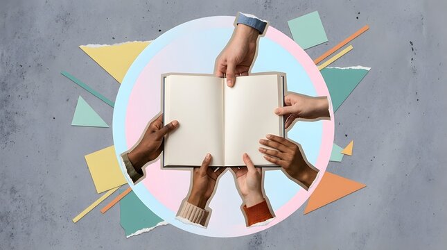 Multiple diverse hands collaboratively hold open an empty notebook symbolizing shared ideas and learning