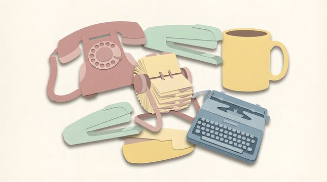 A collection of retro office supplies including a telephone typewriter mug rolodex and staplers arranged on a light background