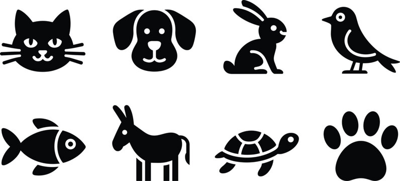 Collection of Cute Animal Icons: Cat, Dog, Rabbit, Bird, Fish, Donkey, Turtle, and Paw Print