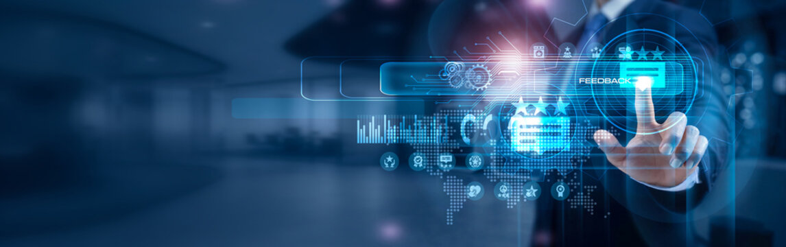 Team leader touch Global FEEDBACK system and customer review network insights. Feedback analysis improves service quality, employee performance and client satisfaction metrics.