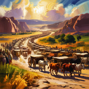 Colorful western wagon train caravan crossing desert canyon valley at sunset, historical pioneer migration illustration, dramatic landscape art