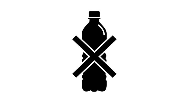 A black silhouette of a plastic bottle with a large X marked through it on a white background Abstrack background