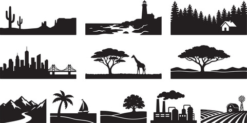 Obraz premium Silhouettes of urban and natural scenes with iconic landmarks and animals city skyline skyscrapers church steeple