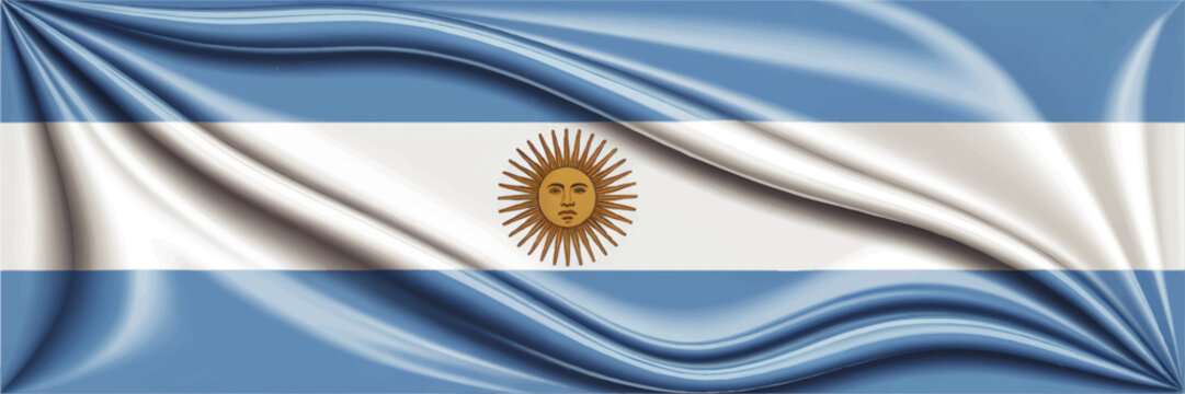 Waving Argentina flag with sun of May, realistic blue and white silk fabric folds, patriotic Argentine background for independence celebrations