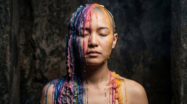 カラフルな蝋を浴びて深い禅の瞑想に耽る、剃髪した日本人女性。精神性と芸術性が融合した前衛的で幻想的なポートレート