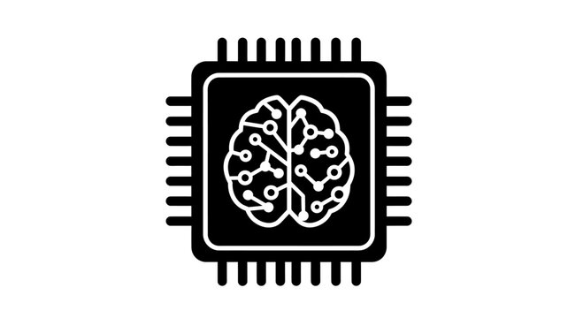 A black and white illustration of a microchip with a brain on it, symbolizing artificial intelligence and technology. Abstrack background