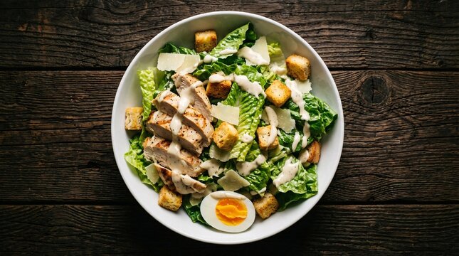 Delicious Caesar Salad with Grilled Chicken, Croutons, and a Perfectly Boiled Egg.