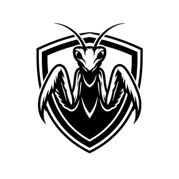 Black and white praying mantis logo on shield emblem insect wildlife symbol