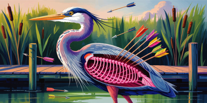 Surreal heron anatomy illustration with colorful arrows on lakeside dock, vivid marsh landscape and dramatic wildlife concept art