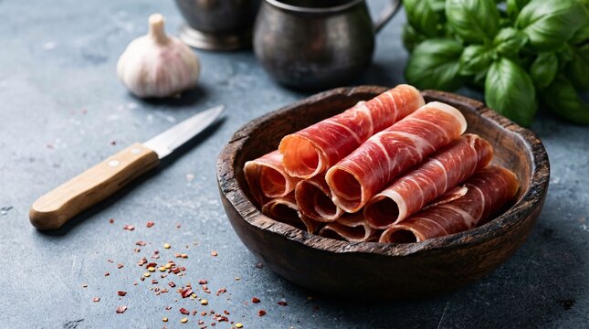 Close-up of delicious prosciutto rolls in a wooden bowl with ingredients.