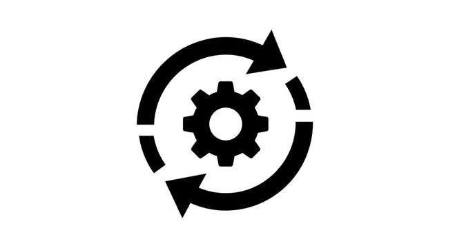 A black gear icon with circular arrows indicating continuous improvement and process optimization Abstrack background