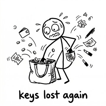 Stick figure cartoon of a stressed person frantically searching a messy bag for lost keys, forgetfulness doodle