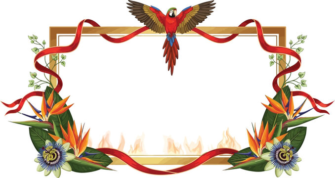 A vibrant parrot flies above a colorful floral frame with red ribbon and tropical flowers.