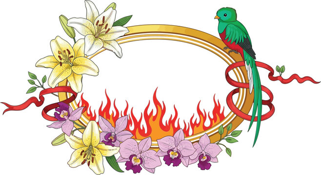 A vibrant illustration of a parrot perched on a golden frame surrounded by flowers and flames