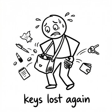 Stick figure cartoon of a stressed person frantically searching a messy bag for lost keys, forgetfulness doodle