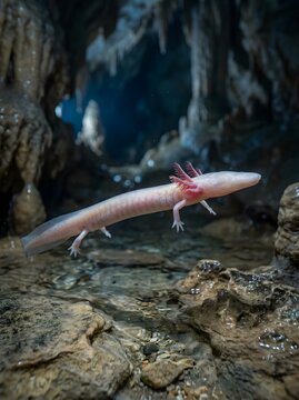 Rare olm salamander gracefully swimming through the clear waters of an underground cave