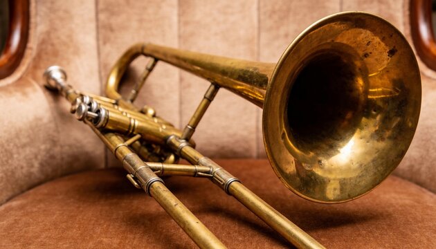 Resting worn brass trombone showing bell and slide on velveteen chair in music room, armrests