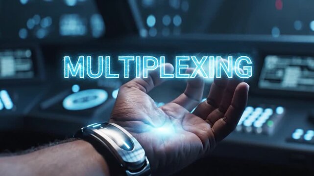 A glowing digital interface displaying the word multiplexing hovers above an open hand in a futuristic control room