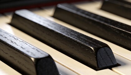 Showing close-up black piano keys revealing wood grain and wear in studio, with white keys