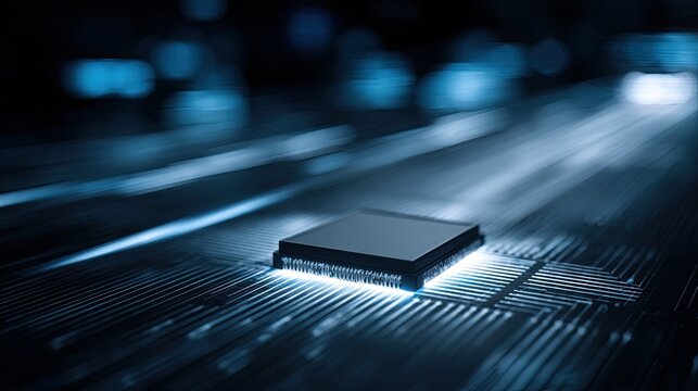 High-Tech Microchip on Circuit Board with Glowing Light Effects in Modern Digital Environment