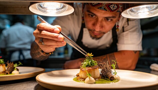 Plating chef coat apron adding microgreens with tweezers on seared scallop at pass under heat lamps
