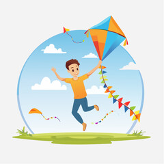 Fototapeta premium Happy boy flying kite outdoors with colorful kite on a sunny day