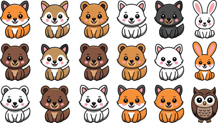 Obraz premium Collection of Cute Cartoon Animal Icons: Fox, Bear, Rabbit, Owl, and Cat, Kawaii Style