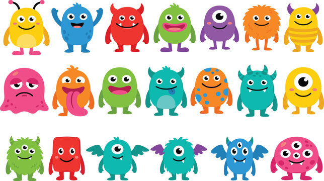 Cartoon monsters collection with colorful designs featuring unique shapes, facial expressions, horns, wings, antennae, spots, playful and friendly characters